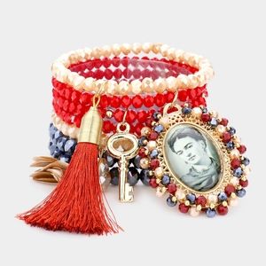 Frida Kahlo Red Beaded 7 PC Stretch Charms MultiLayered Bracelets Jewelry